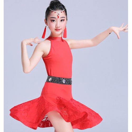 Girls kids latin dance dresses lace mint black red diamond competition salsa chacha dance performance dresses